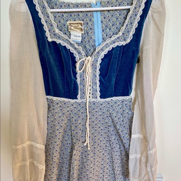 Gunne Sax Blue Velvet Sleeping Beauty Gown Maxi Dress Ditsy Floral Print S M 9 - Picture 4 of 4